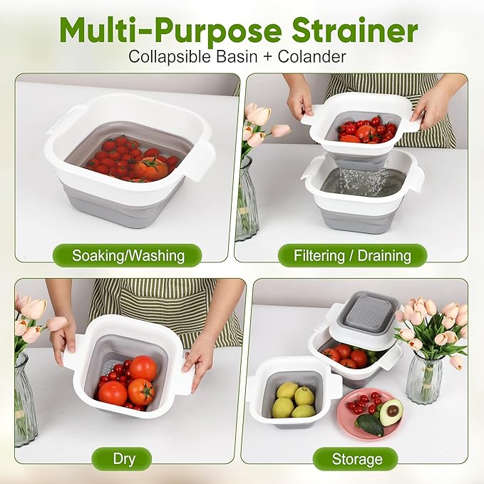 ROTTOGOON Collapsible Colander Set with Strainer Bowl, 2 in 1 Fruit Washing Basket with Strainer, 5 + 3 QT Plastic Colanders for Kitchen, Foldable Double Layered Colanders Bowl for Vegetable, Grey - Image 3
