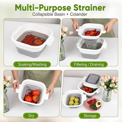 ROTTOGOON Collapsible Colander Set with Strainer Bowl, 2 in 1 Fruit Washing Basket with Strainer, 5 + 3 QT Plastic Colanders for Kitchen, Foldable Double Layered Colanders Bowl for Vegetable, Grey - Image 3