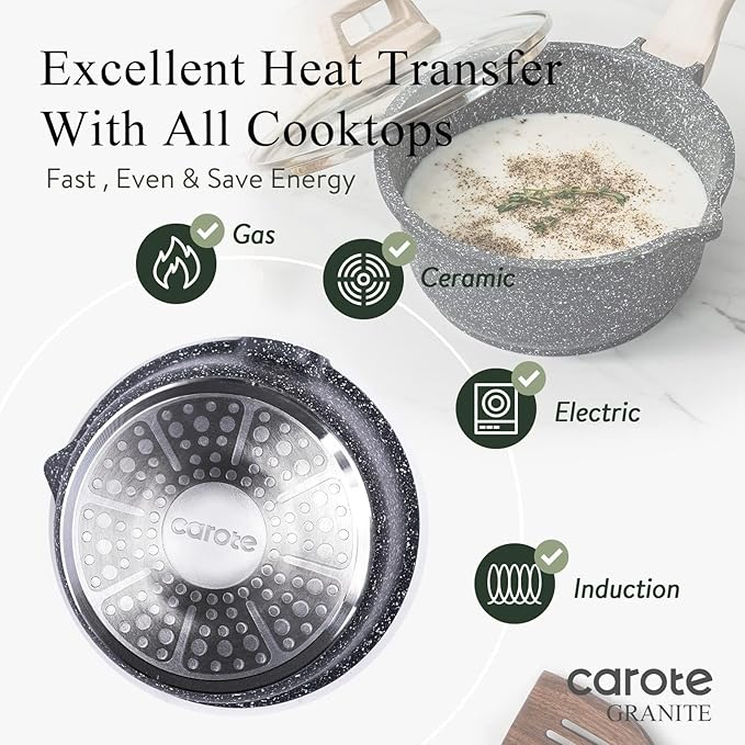 CAROTE 1.5Qt & 3.0Qt Sauce Pan Sets with Lid Cooking Pots Nonstick Saucepans Cookware Set with Pour Spout Small Kitchen Pot, Induction Comptable, Easy to Clean, PFOA FREE (Classic Granite) - Image 5