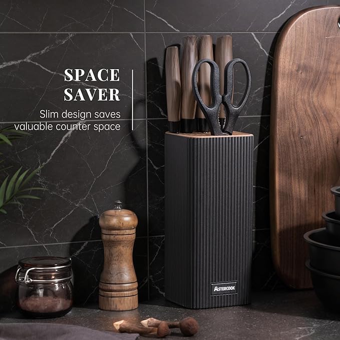 Astercook Knife Set, 6-Piece Kitchen Knife Set with Block, High Carbon Stainless Steel Ultra Sharp Kitchen Knives, Wood Grain Handle, Dishwasher Safe Knife Block Set, Black, Mothers Day Gifts - Image 3