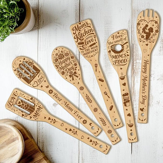CUTHOLLOW 6PCS Mother's Day Elements Wooden Kitchen Cooking Utensil Set, 11.9in Non Toxic Bamboo Wood Spoon Set for Cooking, Mother's Day Gift for Mom Women