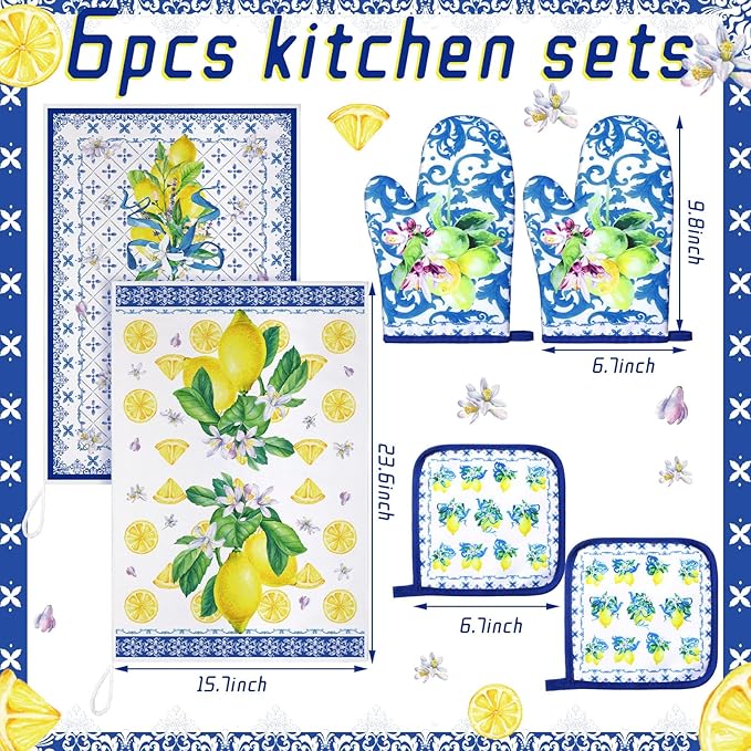 Bencailor 6 Pcs Lemon Kitchen Towels Oven Mitts and Pot Holders Set Decorative Dish Towels Tea Washcloth Non Slip Heat Resistant Oven Gloves for Summer Home Cooking Baking, Blue, Gold - Image 3