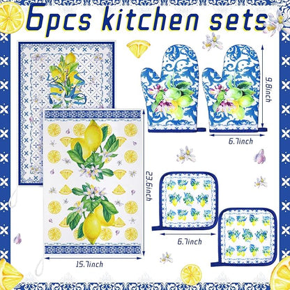 Bencailor 6 Pcs Lemon Kitchen Towels Oven Mitts and Pot Holders Set Decorative Dish Towels Tea Washcloth Non Slip Heat Resistant Oven Gloves for Summer Home Cooking Baking, Blue, Gold - Image 3