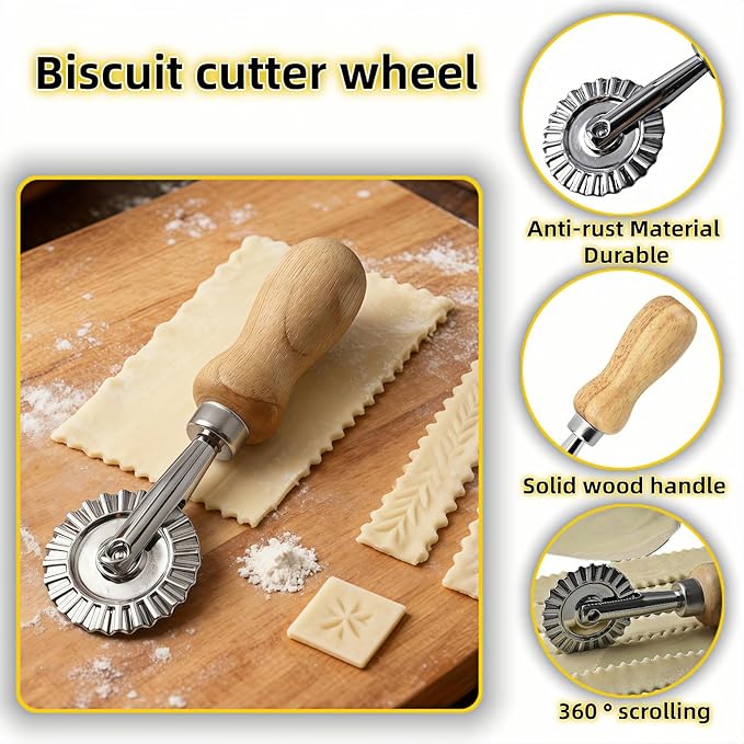 Pastry Wheel Cutter, 2 Inch Ravioli Cutter with Fluted Edge, Stainless Steel & Wood Handle for Pie Crust, Pasta, Dough, Empanadas - Professional Baking Tools, Easy Clean & Comfort Grip - Image 6