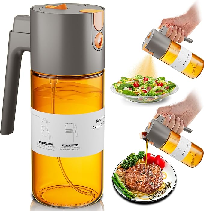 OURCABECUE Upgrade 2 in 1 Oil Sprayer for Cooking, 17oz Light-Blocking Glass Olive Oil Dispenser Bottle for Kitchen,Food-Grade Oil Mister with 8 Stickers for Salad, Frying (Grey) by OURCABECUE