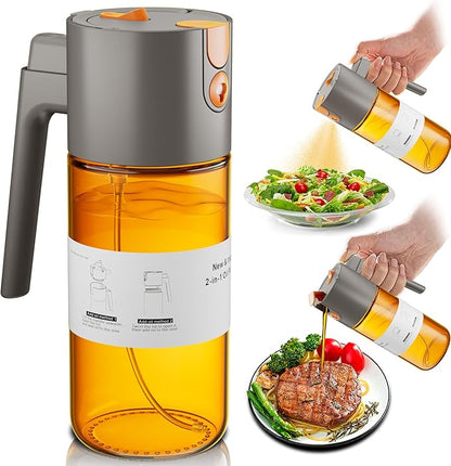 OURCABECUE Upgrade 2 in 1 Oil Sprayer for Cooking, 17oz Light-Blocking Glass Olive Oil Dispenser Bottle for Kitchen,Food-Grade Oil Mister with 8 Stickers for Salad, Frying (Grey) by OURCABECUE