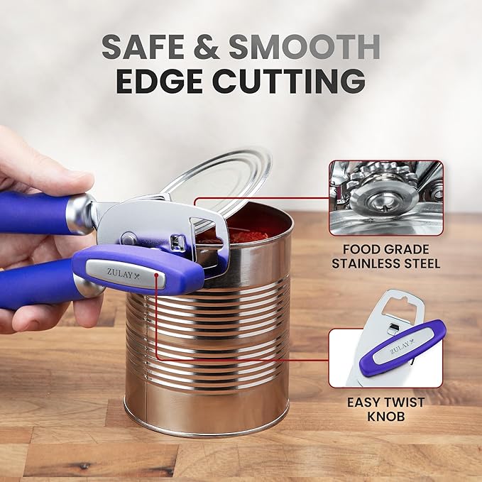 Zulay Kitchen Heavy Duty Stainless Steel Can Opener Manual with Bottle Opener - Rust Proof Manual Can Opener With Turn Knob & Comfy Soft Grip Handles - Purple - Image 4