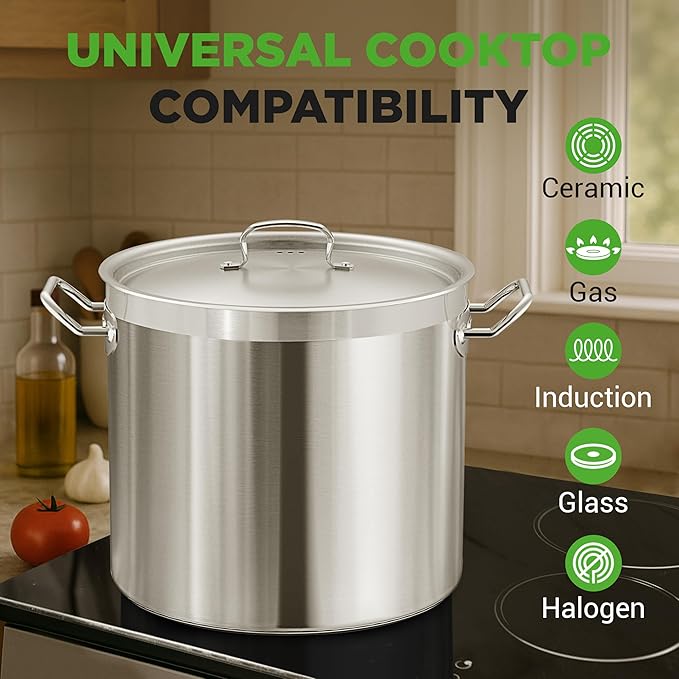 NutriChef Stainless Steel Stock Pot with Lid 40 Qt | Non-Reactive 8/8 Interior Induction Pot with Even Heat Base | Compatible with Gas, Ceramic, and Halogen Cooktops | 500°F Max, 20.45 x 15.3 Inches