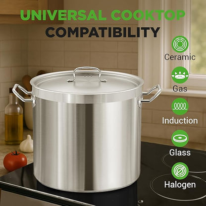 NutriChef Stainless Steel Stock Pot with Lid 40 Qt | Non-Reactive 8/8 Interior Induction Pot with Even Heat Base | Compatible with Gas, Ceramic, and Halogen Cooktops | 500°F Max, 20.45 x 15.3 Inches