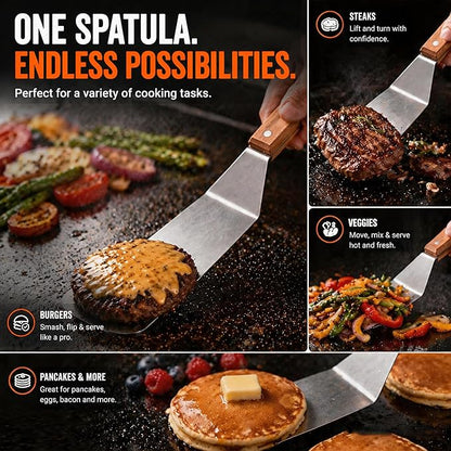 Medium Grill Spatula – Metal Spatula with Wooden Handle & Beveled Edges, Heavy Duty Flat Top Turner for Skillets, Griddles & Grills, Smash Burger Flipper, Stainless Steel Cooking Tool (Style 05)
