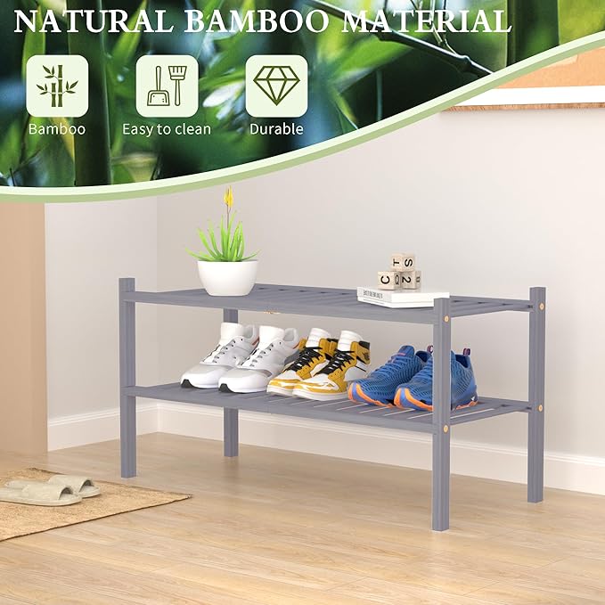 ROMGUAR CRAFT 2 Tier Bamboo Shoe Rack for Closet Free Standing Wood Shoe Shelf for Entryway Small Space Stackable 27"x11"x13" (Grey) - Image 6