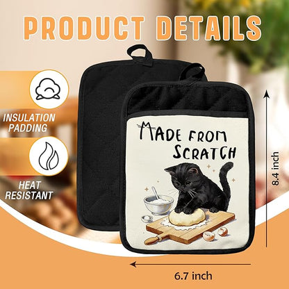 Black Cat Baking Pot Holders with Pockets, Made from Scratch Funny Black Cat Oven Pot Holders Heat Resistant Oven Mitts Hot Pads for Kitchen Baking Cooking