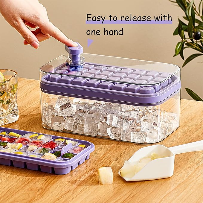 Ice Cube Tray with Lid and Bin for Freezer, 2 Pack, 64 Pcs Ice Cube Mold (Purple) - Image 4