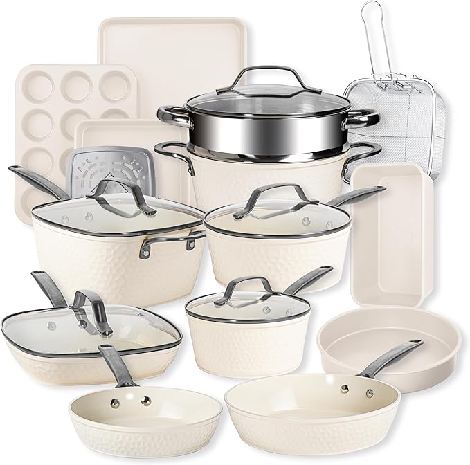 GOTHAM STEEL Hammered 20Pcs Ceramic Cookware Set Nonstick, Induction Pots and Pans Set Non Stick with Deep Fry Pan, Steamer, and Bakeware, Non Toxic PFOA PFOS Free, Oven & Dishwasher Safe