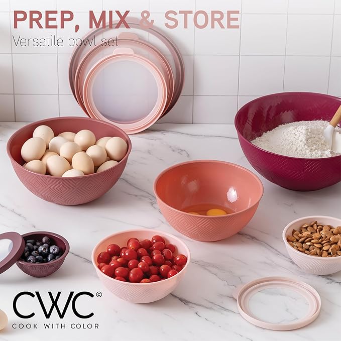 COOK WITH COLOR Mixing Bowls with Lids - 12 Piece Plastic Nesting Bowls Set includes 6 Prep Bowls and 6 Lids, Microwave Safe Mixing Bowl Set, Rose Rhombus - Image 6