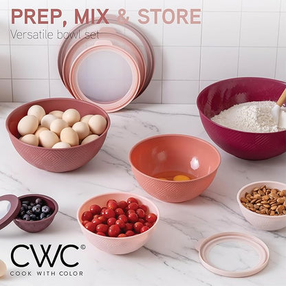 COOK WITH COLOR Mixing Bowls with Lids - 12 Piece Plastic Nesting Bowls Set includes 6 Prep Bowls and 6 Lids, Microwave Safe Mixing Bowl Set, Rose Rhombus - Image 6