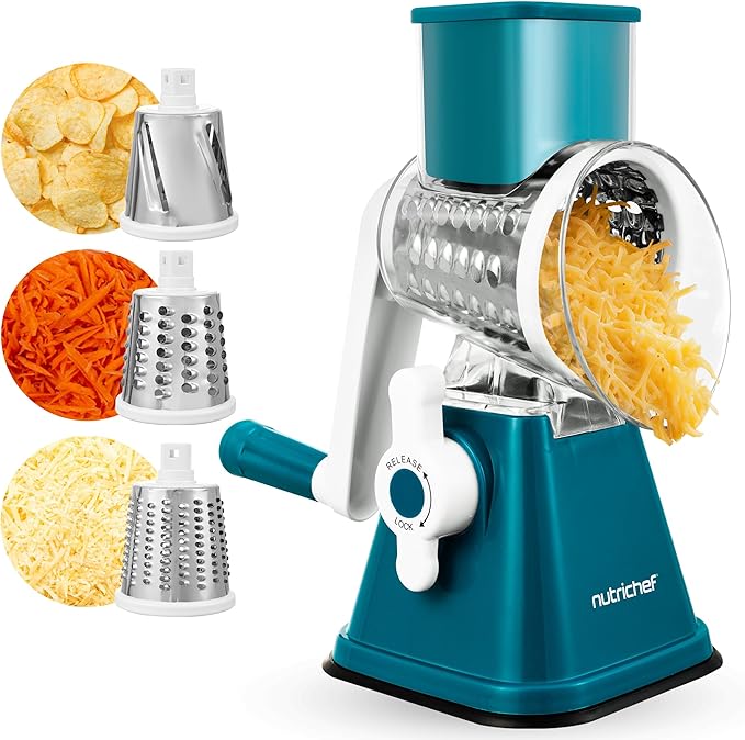 NutriChef 3 in 1 Cheese Grater & Shredder | Strong Suction Base, Rotary Handle with Safety Lock | Includes Hand Crank & 3 Drum Blades for 3 Textures, Fine, Medium & Strips | Green by NutriChef%E2%84%A2Kitchen