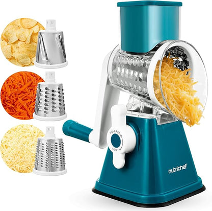 NutriChef 3 in 1 Cheese Grater & Shredder | Strong Suction Base, Rotary Handle with Safety Lock | Includes Hand Crank & 3 Drum Blades for 3 Textures, Fine, Medium & Strips | Green by NutriChef%E2%84%A2Kitchen