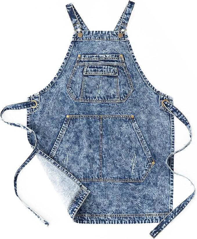 Jeanerlor - Cotton Denim Apron with Pockets for Men - Jean Apron for Hairstylis Cross Straps & Adjustable L to XXL (Denim Blue) - Image 6