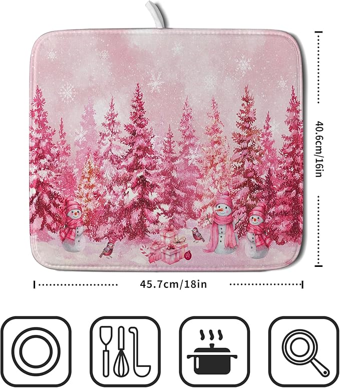 Pink Winter Dish Drying Mat Forest Washable Drying Matt Kitchen Counter Absorbent Coffee Mat for Women - Image 2