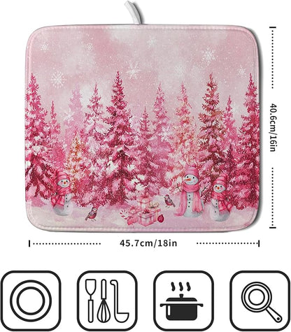 Pink Winter Dish Drying Mat Forest Washable Drying Matt Kitchen Counter Absorbent Coffee Mat for Women - Image 2