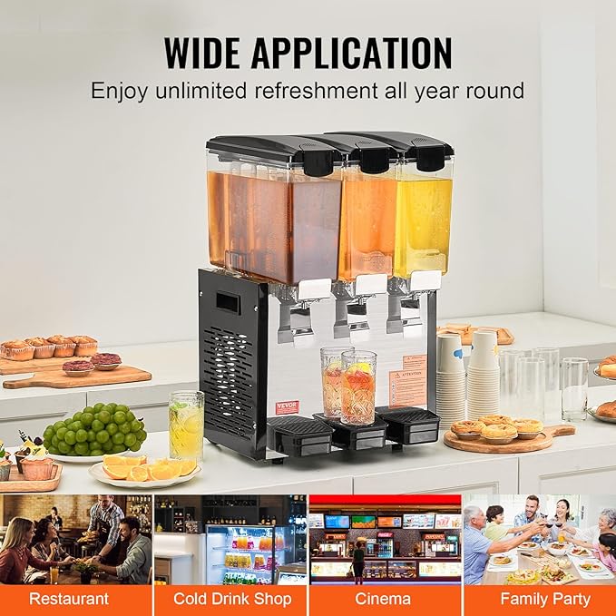 VEVOR Commercial Beverage Dispenser, 3 Tanks 10 L / 10.6 QT Per Tank Juice Dispenser, 440W Stainless Steel Ice Tea Drink Machine with 45°F-54°F Cooling Temperature, for Cold Drink Restaurant Bar Party - Image 6
