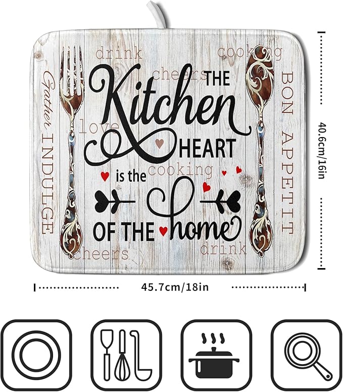 Giwawa 16"x18" Dish Drying Mat The Kitchen is The Heart of The Home- Knife Fork Cutlery Dish Drainer Mats- Rustic Wood Board Reversible Microfiber Dish Drying Pad for Kitchen Countertop Decor