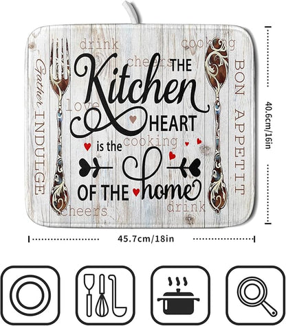 Giwawa 16"x18" Dish Drying Mat The Kitchen is The Heart of The Home- Knife Fork Cutlery Dish Drainer Mats- Rustic Wood Board Reversible Microfiber Dish Drying Pad for Kitchen Countertop Decor