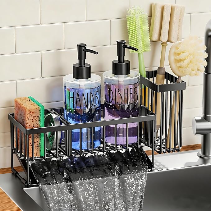 MASADI Kitchen Sink Caddy with Dish Soap Dispenser Set, 12OZ Glass Bottle, Hand and Dish Soap Dispenser Set, Non-Slip Silicone Pad, Brush Holder, Kitchen Sink Organizer Countertop (Black+Clear) by masadi