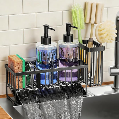 MASADI Kitchen Sink Caddy with Dish Soap Dispenser Set, 12OZ Glass Bottle, Hand and Dish Soap Dispenser Set, Non-Slip Silicone Pad, Brush Holder, Kitchen Sink Organizer Countertop (Black+Clear) by masadi