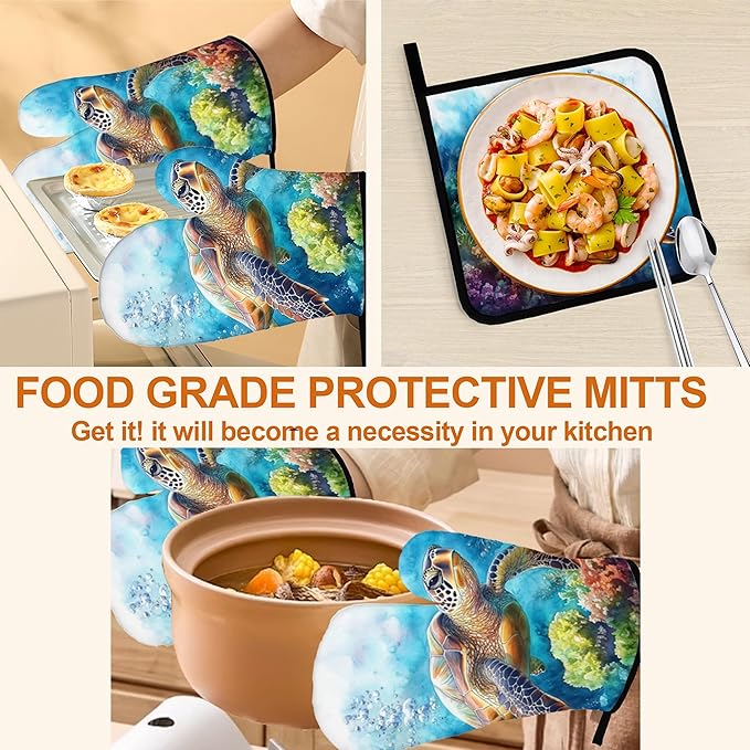 Ocean Turtle Pattern Oven Gloves and Hot Pads Set - Heatproof Hand Protection for Baking, Grilling, Cooking 4Pcs