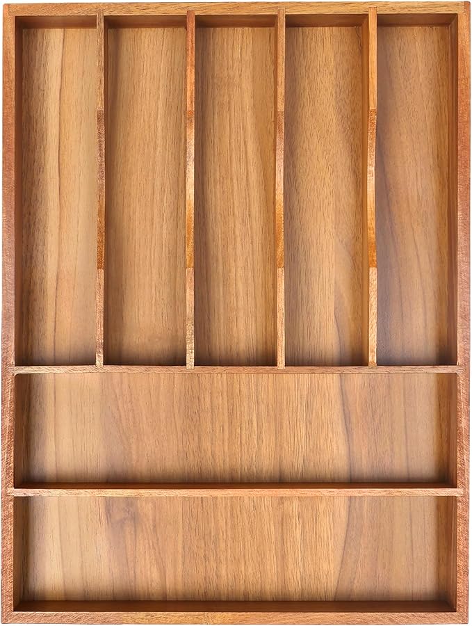 Bellsal Bamboo Silverware Organizer, 12"x15.7" Utensil Holder Cutlery Tray with Grooved Drawer Dividers for Kitchen Flatware, Bedroom, Office (7 Slot, Acacia) by Bellsal
