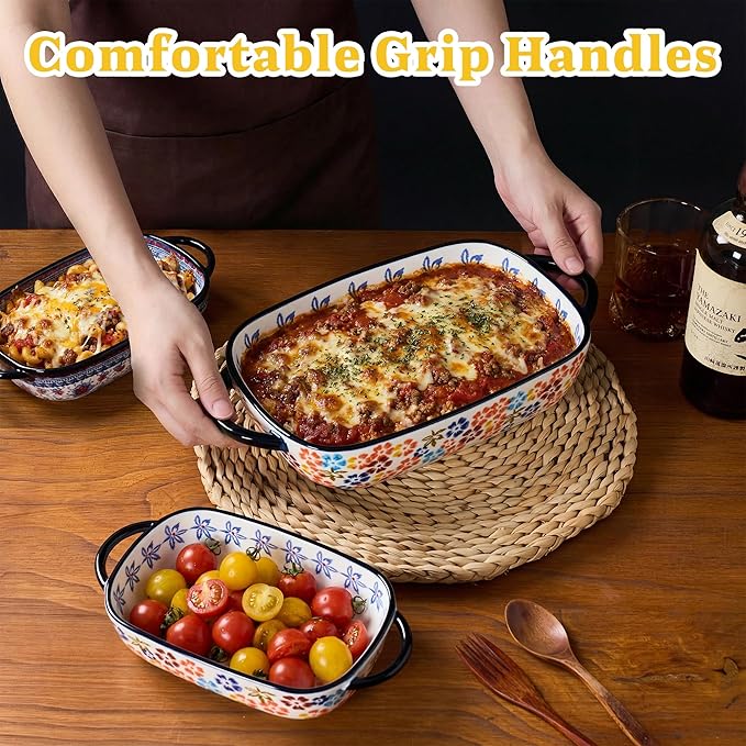 Ceramic Casserole Dishes for Oven, Hand-painted Polish Pottery Baking Dish Set of 2, 0.8QT / 2QT Porcelain Casserole Dish with Handles, Baking Pan Lasagna Pan, Gift for Family/Friend (Yellow) - Image 3