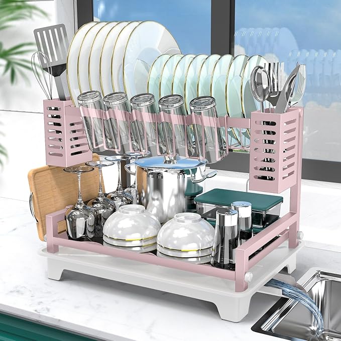 B-Land Dish Drying Rack, 2 Tier Dish Racks for Kitchen Counter, Large Dish Drying Rack with Drainboard & Utensil Holders, Rust-Proof Dish Drainers,Kitchen Organization by B-Land