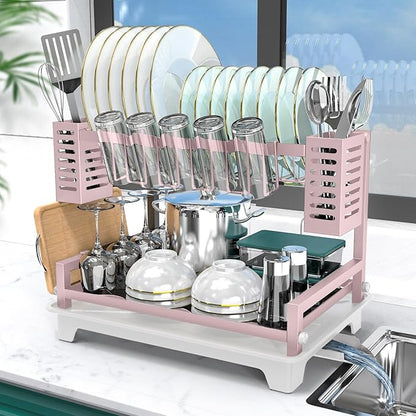 B-Land Dish Drying Rack, 2 Tier Dish Racks for Kitchen Counter, Large Dish Drying Rack with Drainboard & Utensil Holders, Rust-Proof Dish Drainers,Kitchen Organization by B-Land