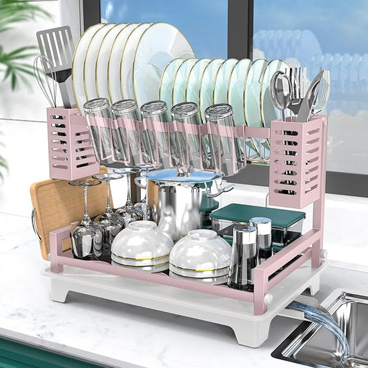 B-Land Dish Drying Rack, 2 Tier Dish Racks for Kitchen Counter, Large Dish Drying Rack with Drainboard & Utensil Holders, Rust-Proof Dish Drainers,Kitchen Organization by B-Land