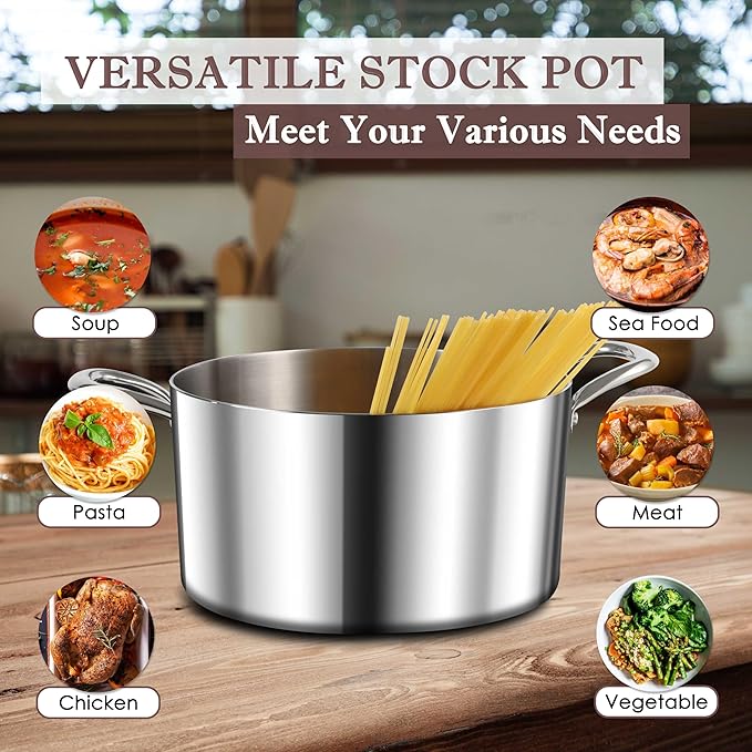 Herogo 4 Quart Stock Pot, 18/10 Stainless Steel Cooking Pot with Lid, Tri-Ply Pasta Stockpot with Handles, 4 QT Stockpot for Induction Gas Electric Stove, Dishwasher Safe