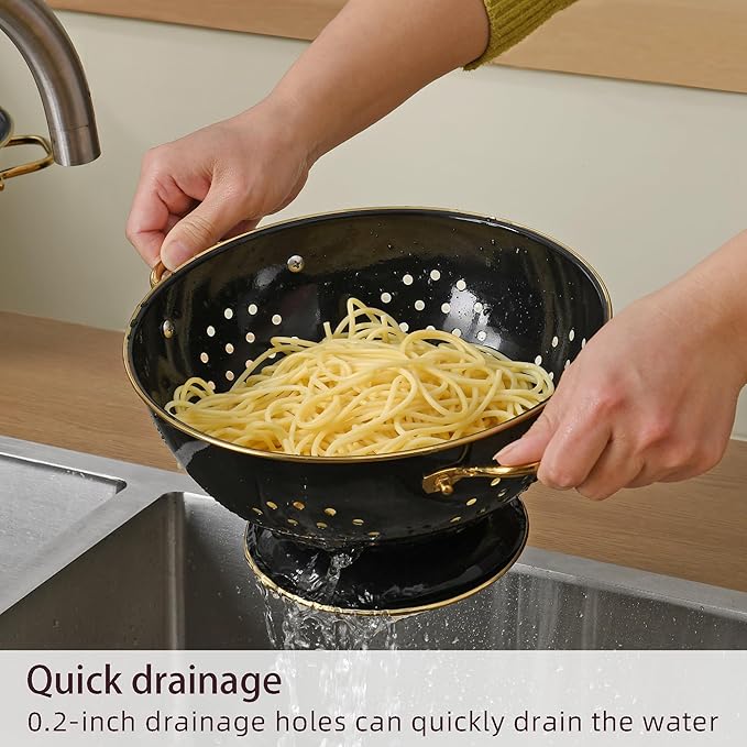 Metal Colander 2 Pack, 3.5 Quart Powder Coated Self-draining Solid Ring Base Metal Large Kitchen Pasta Vegetable Fruit Strainer with Handle (L-BLACK) - Image 3