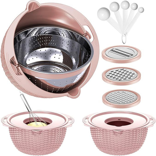 4-1 Colander with Bowl & Spoons Set - Food Strainer with New Upgraded Graters & Spoons - Colanders for kitchen(Patented) - Strainer for Fruit Pasta Veggie, Funny Presents for Women, Pink by Balavina