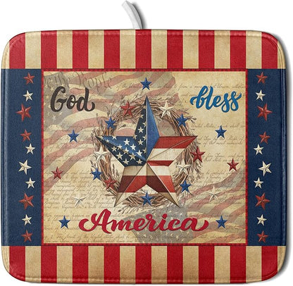 4th of July God Bless Dish Drying Mat for Kitchen Counter,American Flag Star Patriotic Independence Day Drying Mat 16 x 18 Inch with Absorbent Reversible Microfiber Drying Pad for Coffee Bar by Anyako