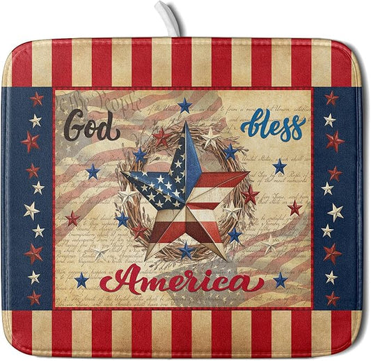 4th of July God Bless Dish Drying Mat for Kitchen Counter,American Flag Star Patriotic Independence Day Drying Mat 16 x 18 Inch with Absorbent Reversible Microfiber Drying Pad for Coffee Bar by Anyako