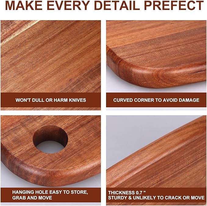 Small Acacia Wood Cutting Boards for Kitchen with Hanging – Mini Wooden Cutting Board for Vegetables, Fruit, Bread, Meat - BPA Free, 9" x 6.5"