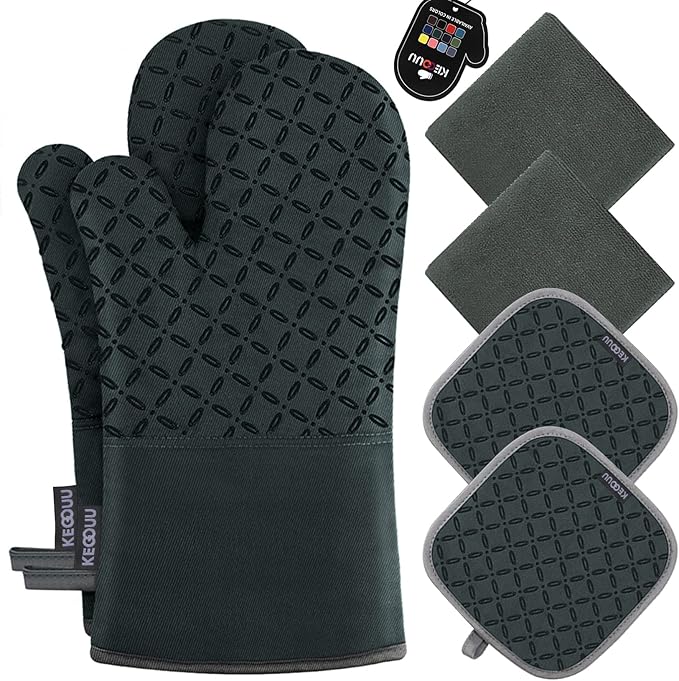 KEGOUU Oven Mitts and Pot Holders 6pcs Set, Kitchen Oven Glove High Heat Resistant 500 Degree Extra Long Oven Mitts and Potholder with Non-Slip Silicone Surface for Cooking (Deep Green) by KEGOUUOvenMitt