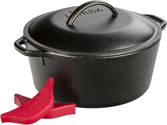 Lodge Cast Iron Dutch Oven - Loop Handle Cooking Vessel - Even Heat Retention - Oven-Safe, Versatile Pot - Handle Holders Included - 5 Quart by Lodge