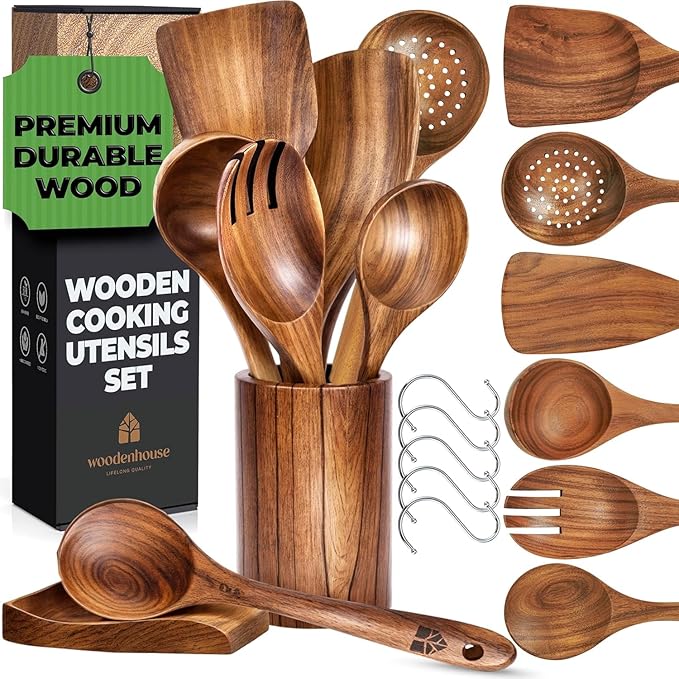 Wooden Utensil Set 8 Pcs – Sturdy & Easy to Clean, Natural Teak Wooden Spoons for Cooking – Non-Scratch Cooking Utensils with Spatula, Turner, Ladle, Spoons, Skimmer, Holder, Spoon Rest & 6 Hooks by Woodenhouse