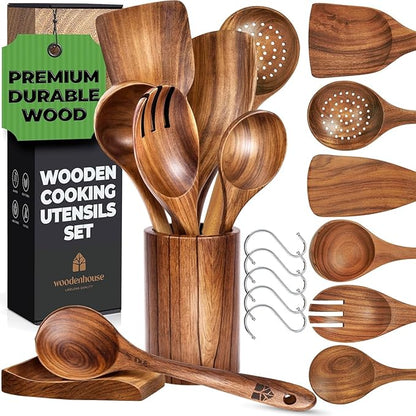 Wooden Utensil Set 8 Pcs – Sturdy & Easy to Clean, Natural Teak Wooden Spoons for Cooking – Non-Scratch Cooking Utensils with Spatula, Turner, Ladle, Spoons, Skimmer, Holder, Spoon Rest & 6 Hooks by Woodenhouse