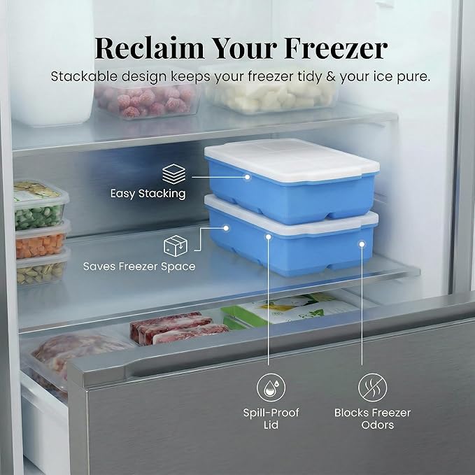 KitchFort Large Silicone Ice Cube Tray (2-Pack), Easy Release 2" Big Ice Cubes - Cocktail, Whiskey Ice Cubes Mold - Ice Trays for Freezer with Lid - Stackable Silicone Ice Tray - Blue - Image 5