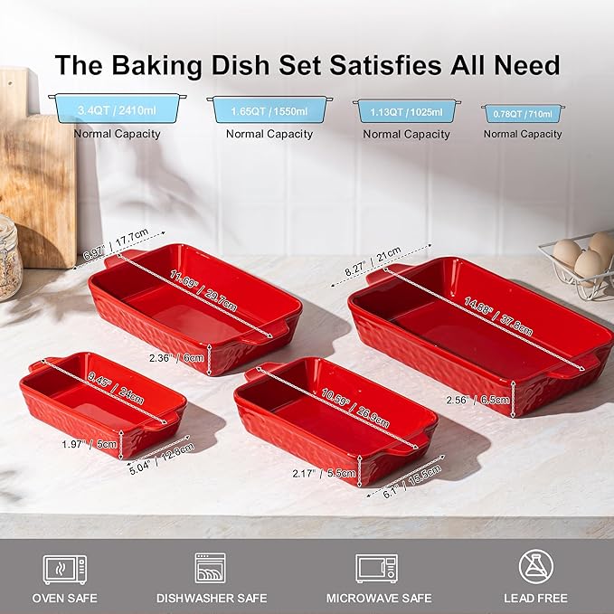 Dafuceramic Casserole Dishes for Oven, Baking Dishes, Ceramic Bakeware Sets of 4, Rectangular Baking Pan Set with Handles for Baking, Casserole, Kitchen, Wedding Gift (Red) - Image 2