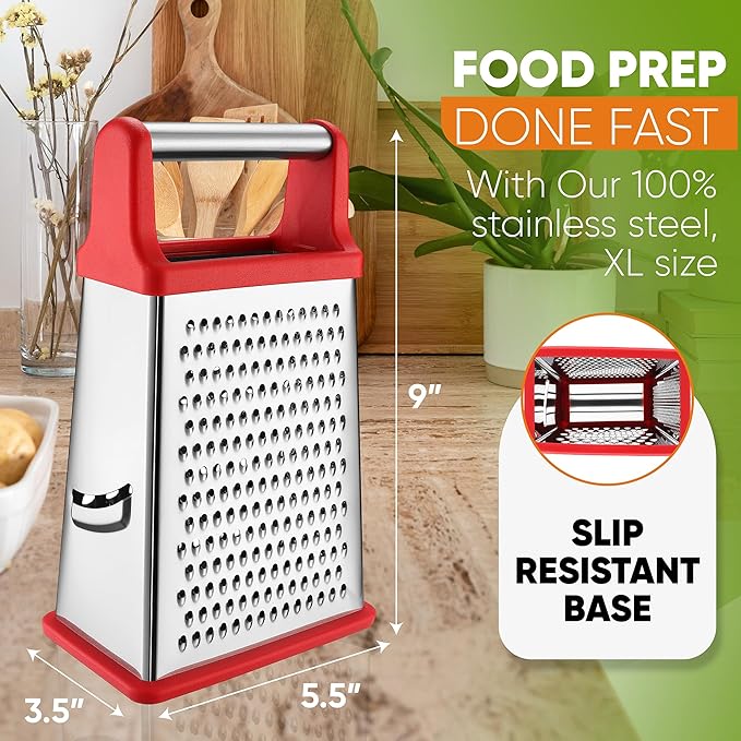 Spring Chef Professional Cheese Grater - Stainless Steel 4 Sided Box Grater for Kitchen, XL Size - Perfect Shredder for Parmesan Cheese, Carrot, Potato, Ginger - Dishwasher Safe - Red - Image 4