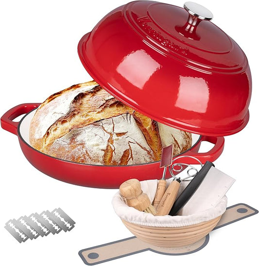 VORRINGARD Enameled Cast Iron Dutch Oven Pot with Lid, Bread Oven for Sourdough Bread Baking, Dutch Ovens with Bread Proofing Basket& Baking Supplies Set, 6 Quart, Red
